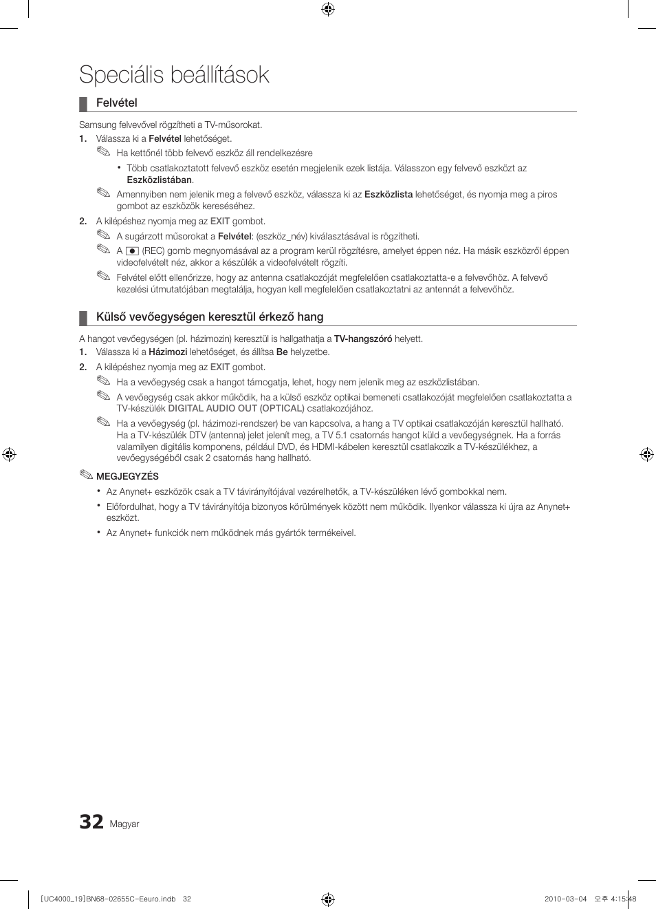 Speciális beállítások | Samsung UE32C4000PW User Manual | Page 74 / 421