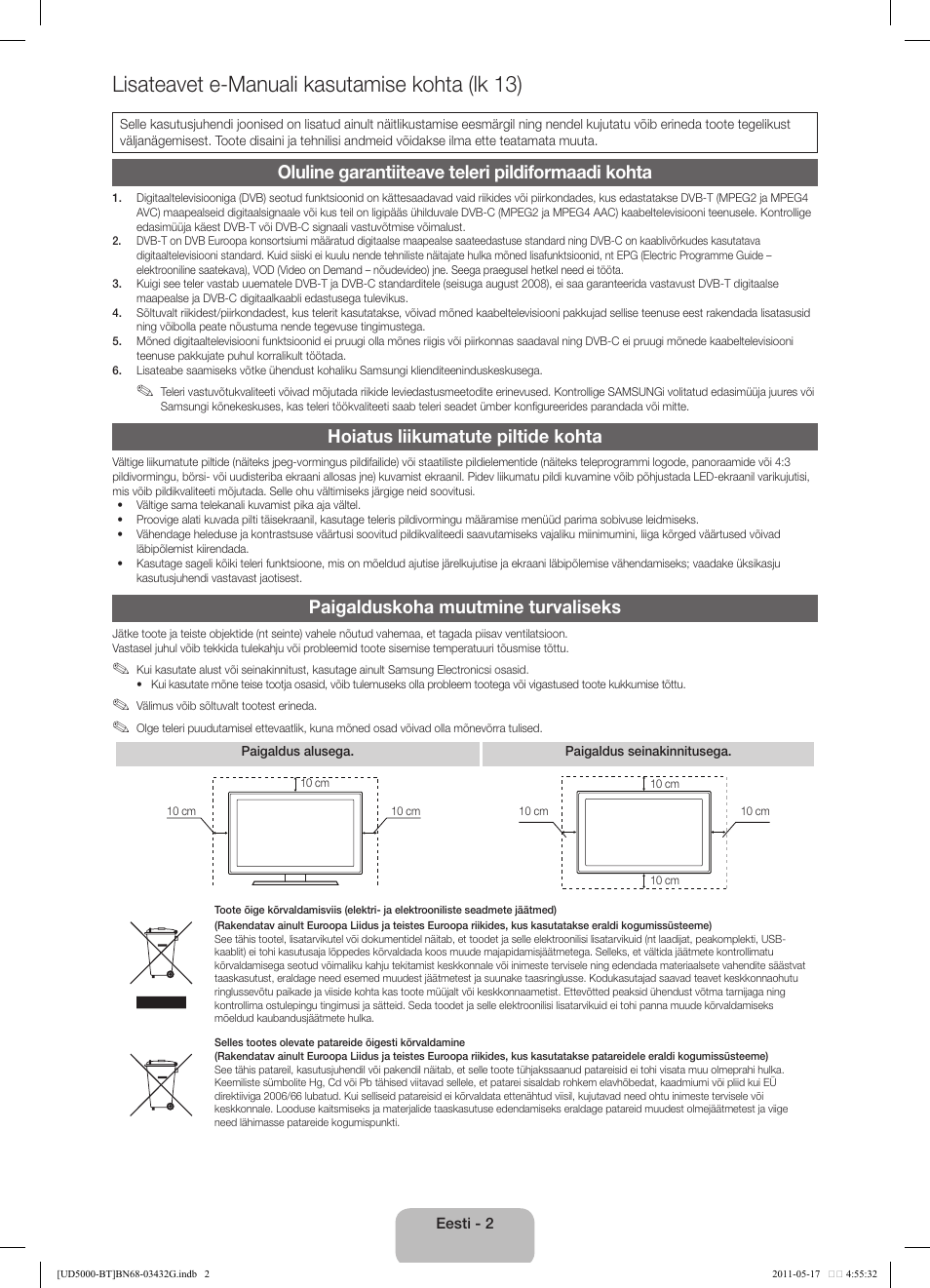 Lisateavet e-manuali kasutamise kohta (lk 13), Oluline garantiiteave teleri pildiformaadi kohta, Hoiatus liikumatute piltide kohta | Paigalduskoha muutmine turvaliseks | Samsung UE40D5000PW User Manual | Page 110 / 163