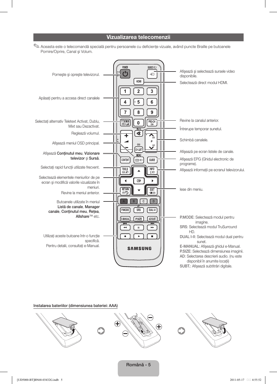 Vizualizarea telecomenzii | Samsung UE40D5000PW User Manual | Page 131 / 163