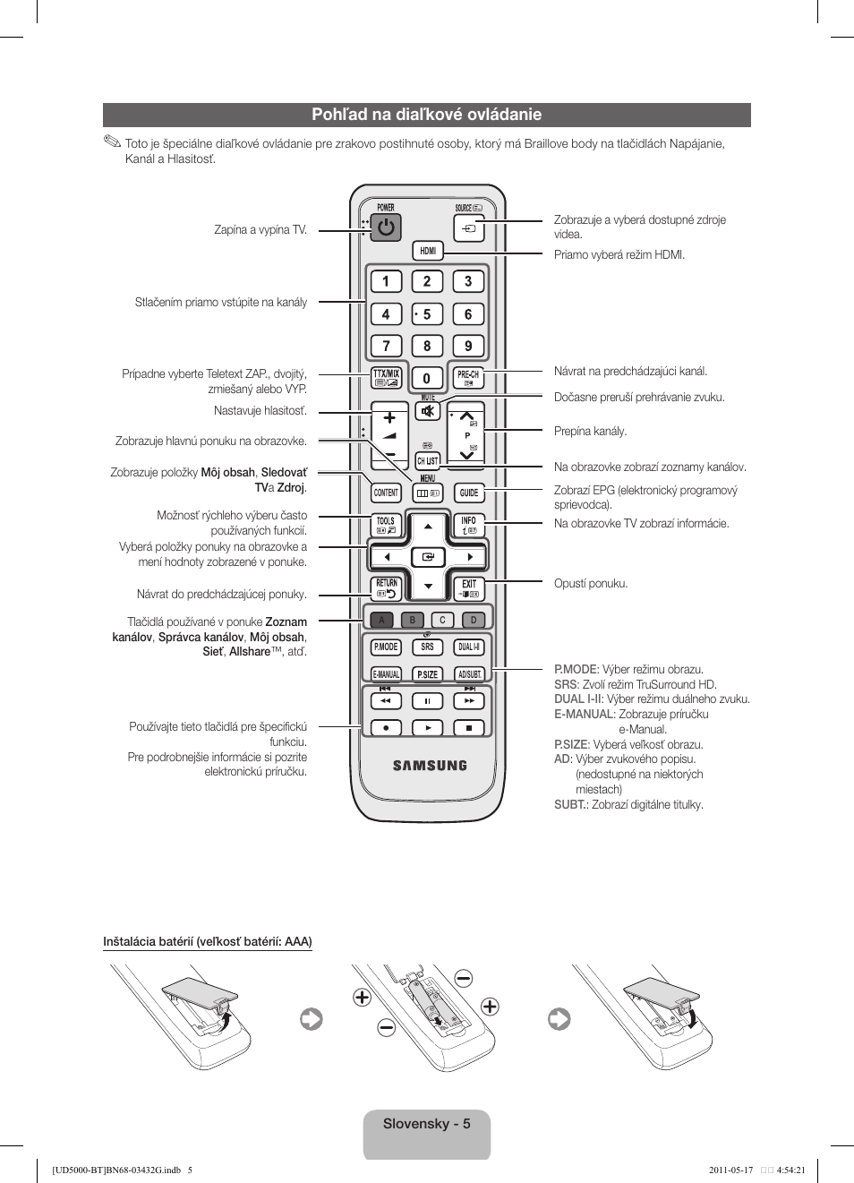 Pohľad na diaľkové ovládanie | Samsung UE40D5000PW User Manual | Page 41 / 163