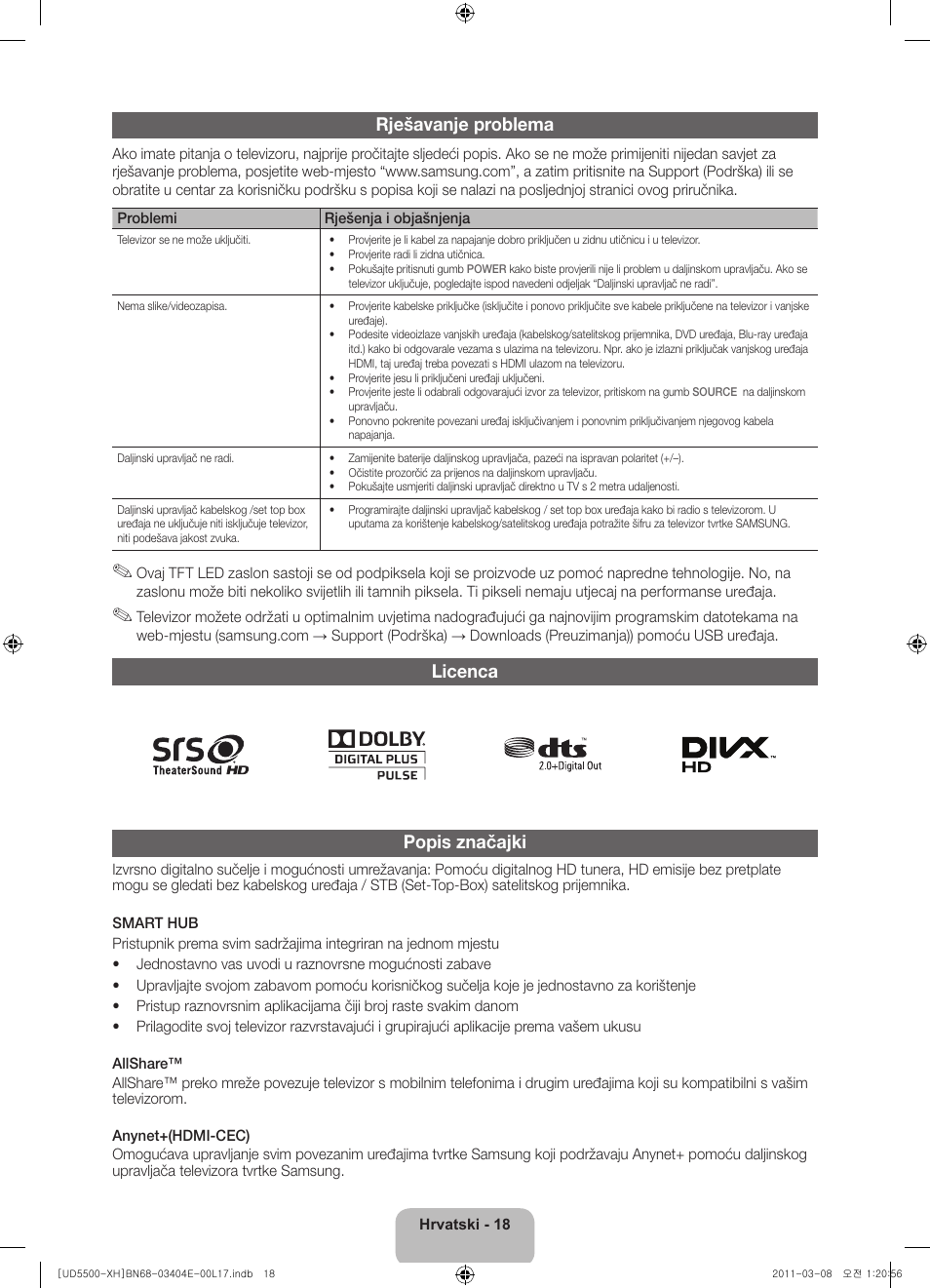 Rješavanje problema, Licenca popis značajki | Samsung UE32D5500RW User Manual | Page 118 / 340
