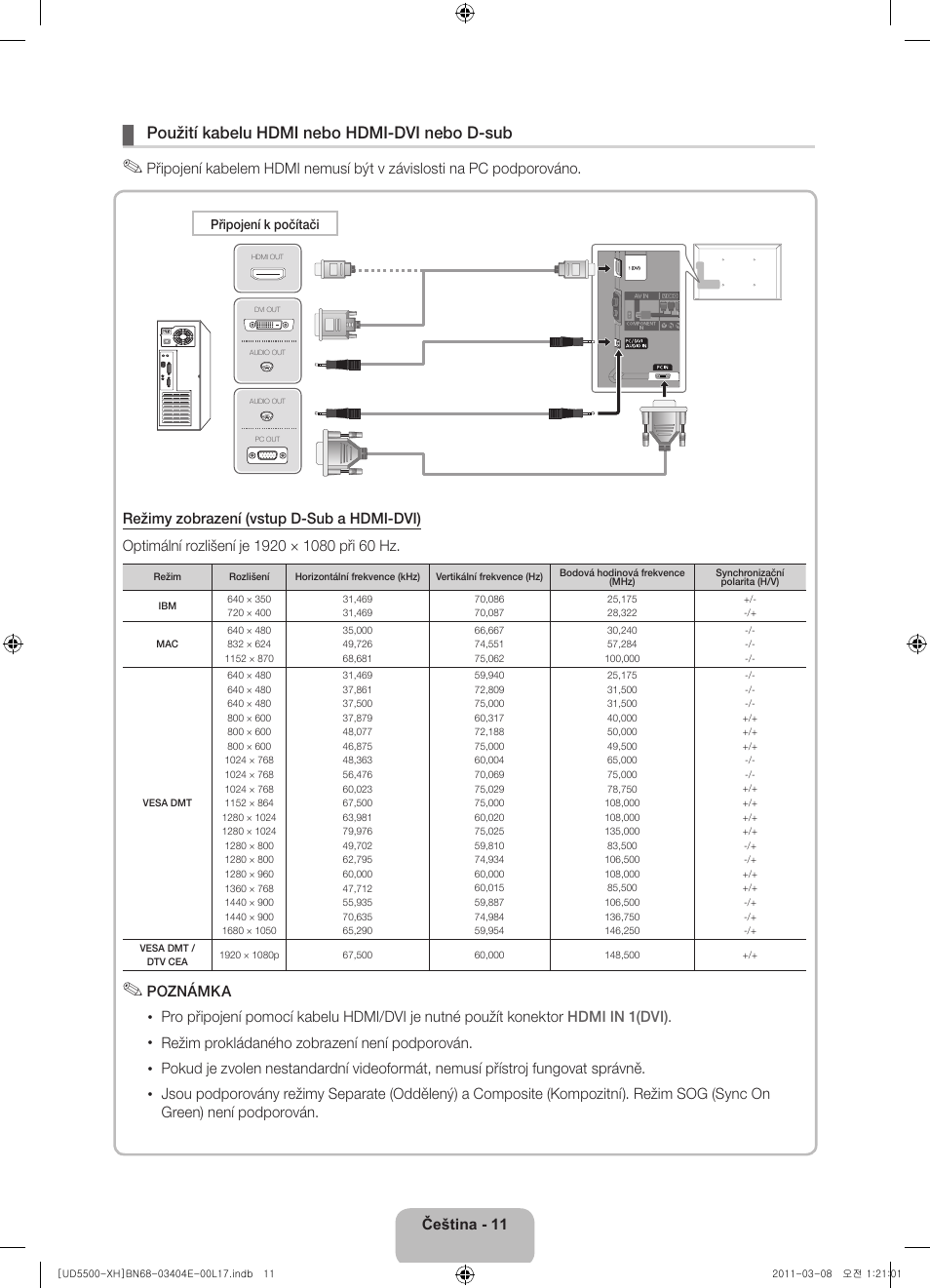 Použití kabelu hdmi nebo hdmi-dvi nebo d-sub | Samsung UE32D5500RW User Manual | Page 131 / 340
