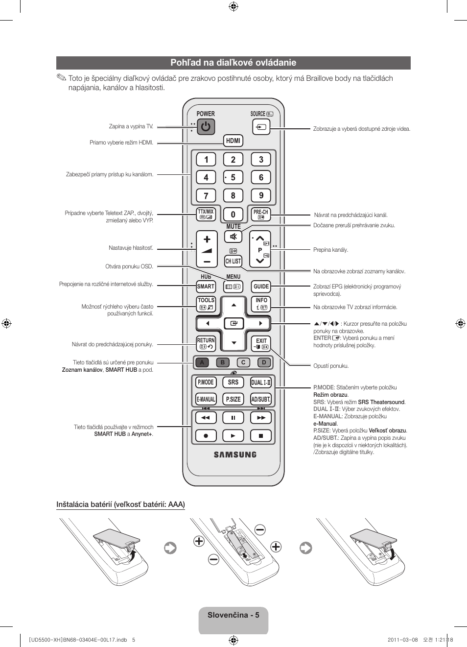 Pohľad na diaľkové ovládanie | Samsung UE32D5500RW User Manual | Page 145 / 340