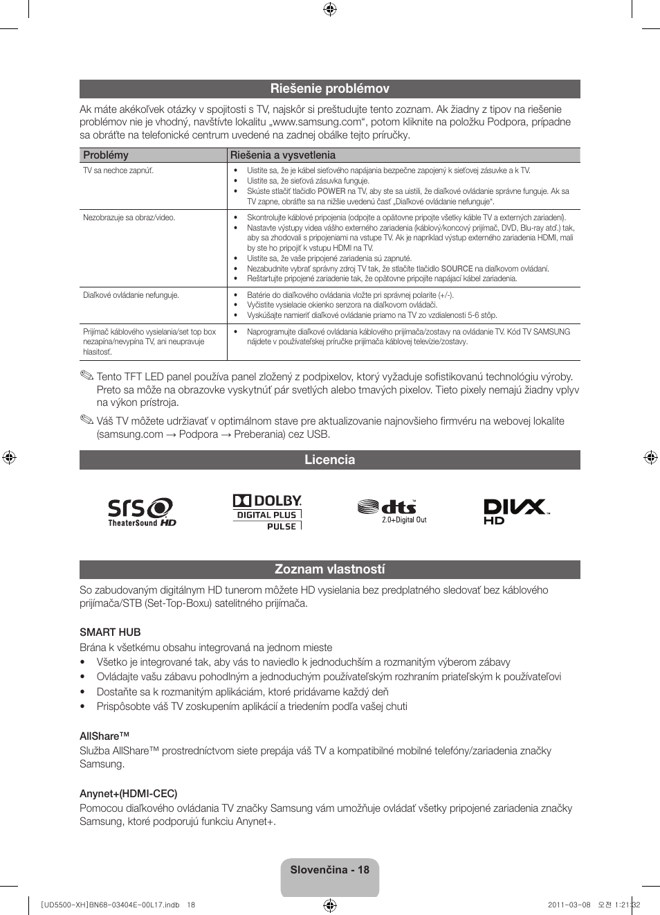 Riešenie problémov, Licencia zoznam vlastností | Samsung UE32D5500RW User Manual | Page 158 / 340
