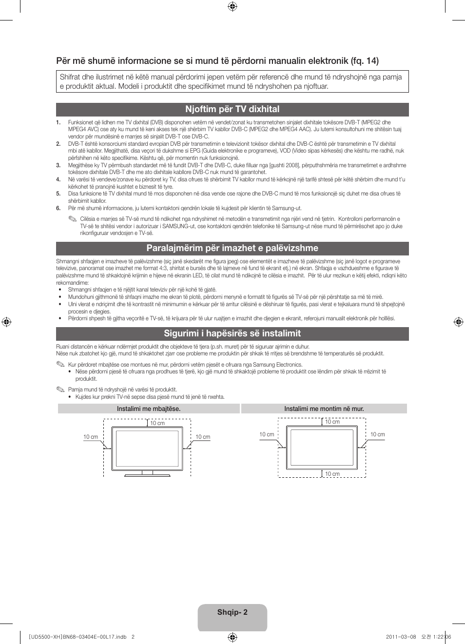 Njoftim për tv dixhital, Paralajmërim për imazhet e palëvizshme, Sigurimi i hapësirës së instalimit | Samsung UE32D5500RW User Manual | Page 202 / 340