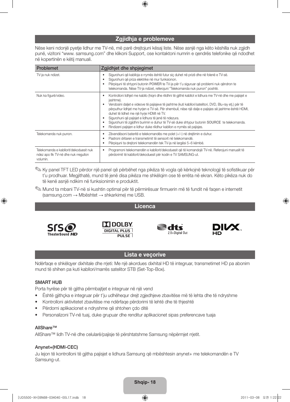 Zgjidhja e problemeve, Licenca lista e veçorive | Samsung UE32D5500RW User Manual | Page 218 / 340