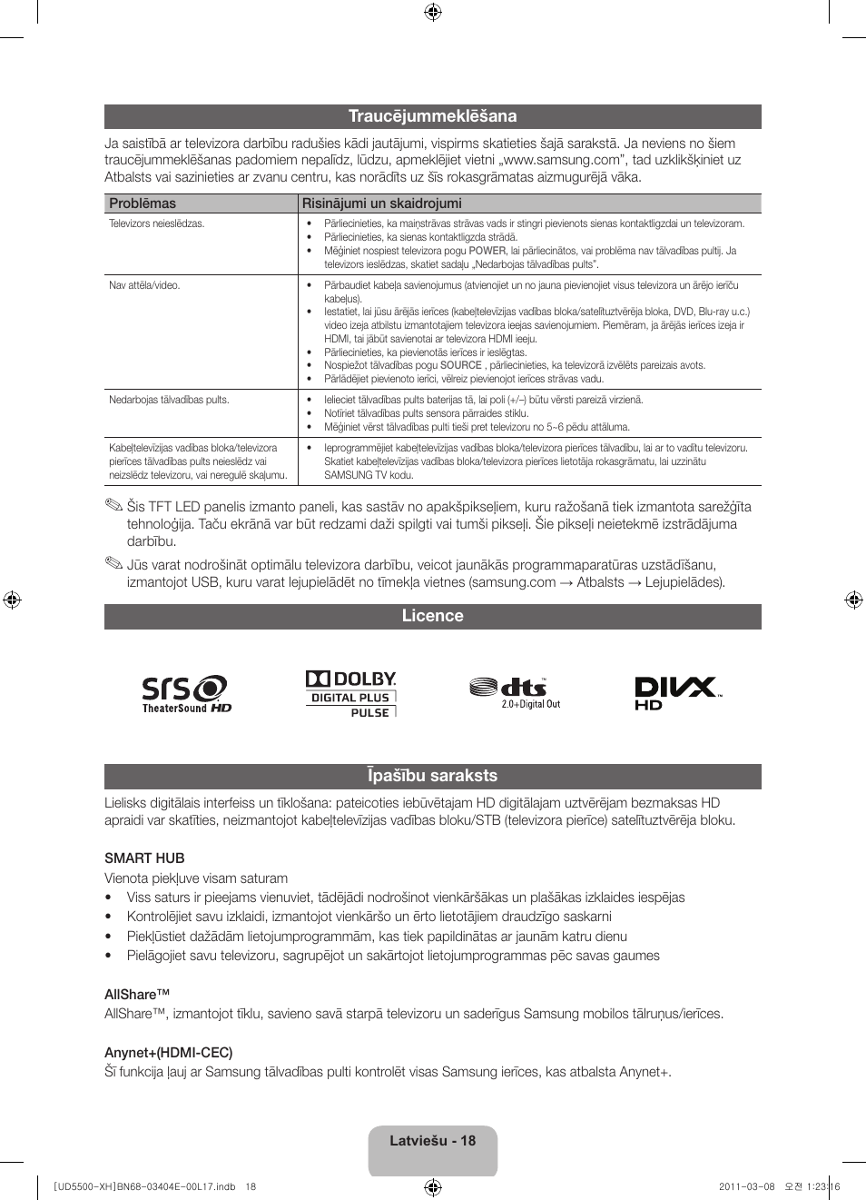 Traucējummeklēšana, Licence īpašību saraksts | Samsung UE32D5500RW User Manual | Page 278 / 340