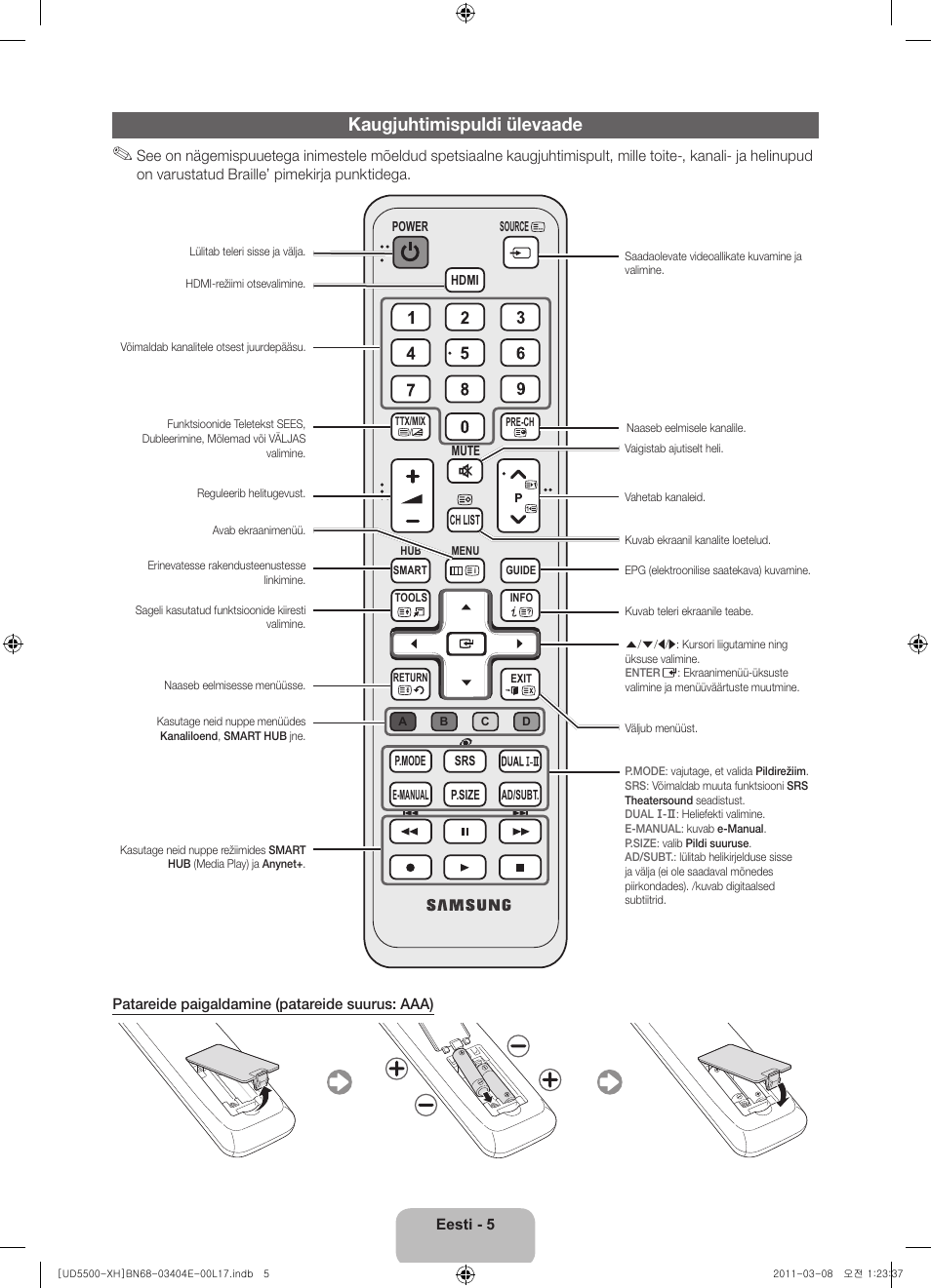 Kaugjuhtimispuldi ülevaade | Samsung UE32D5500RW User Manual | Page 305 / 340