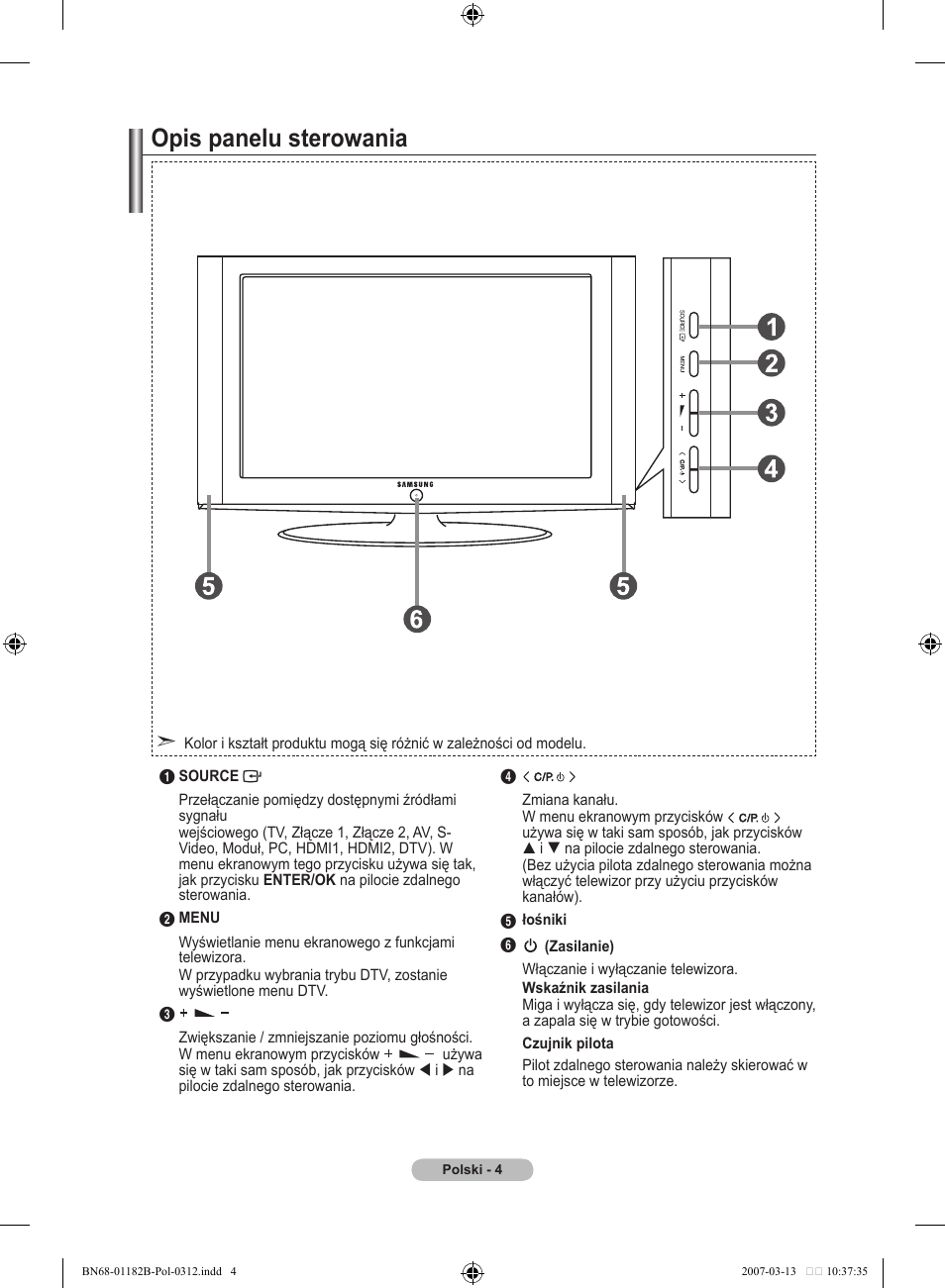 Opis panelu sterowania | Samsung LE37S86BD User Manual | Page 122 / 524