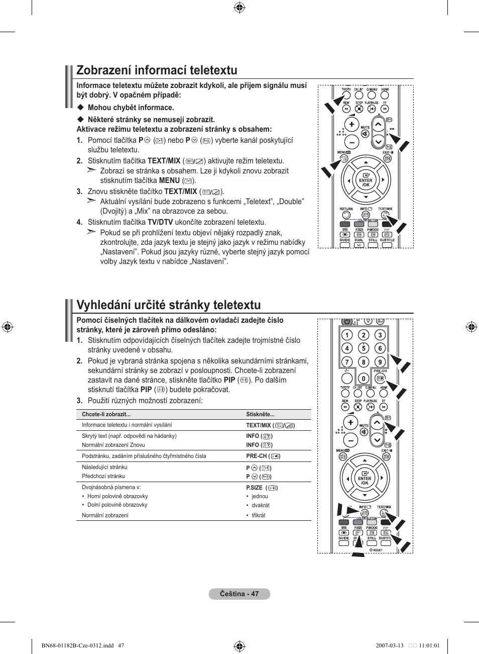 Zobrazení informací teletextu, Vyhledání určité stránky teletextu | Samsung LE37S86BD User Manual | Page 397 / 524