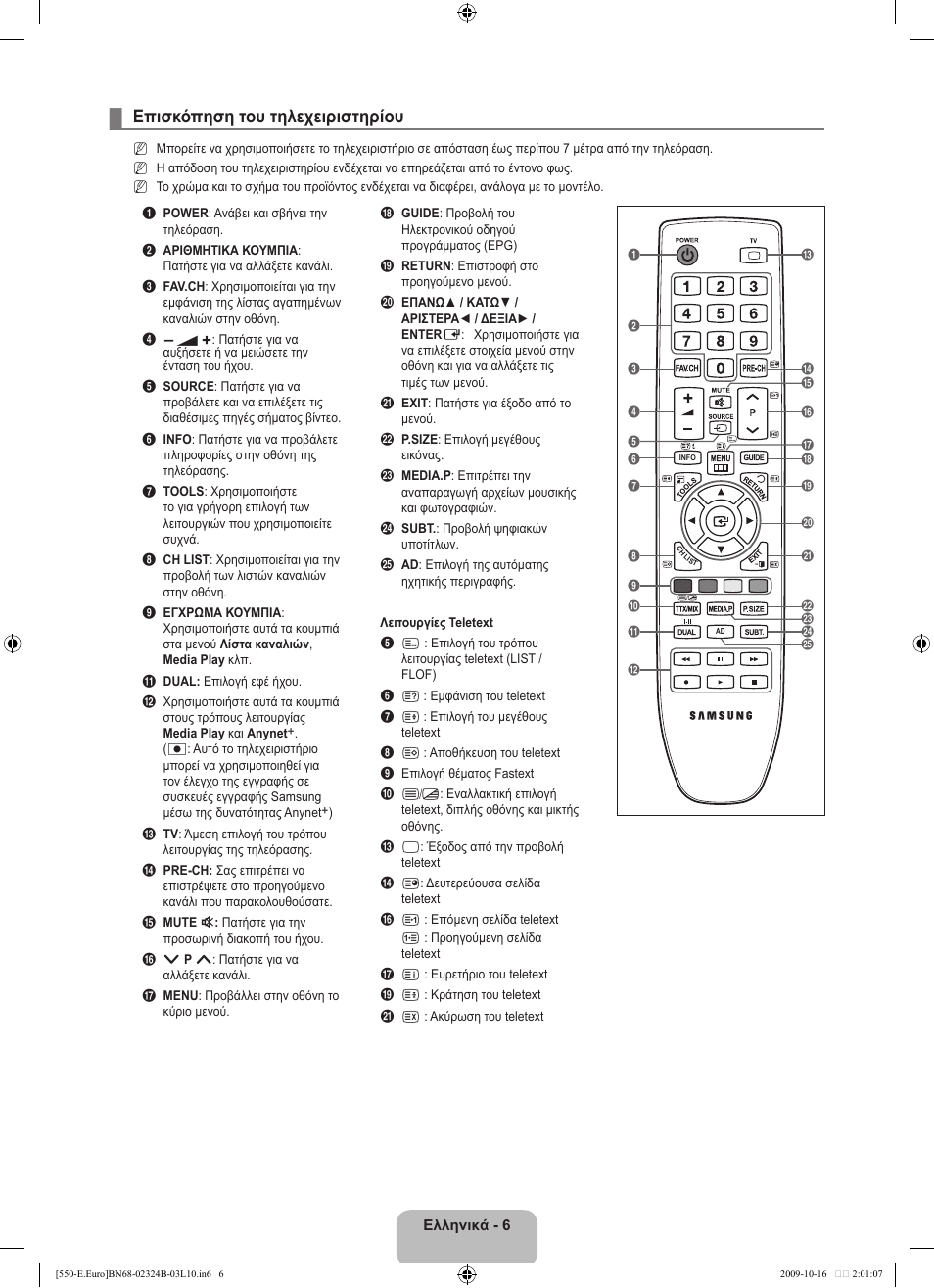 Επισκόπηση του τηλεχειριστηρίου | Samsung LE37B551A6W User Manual | Page 166 / 502