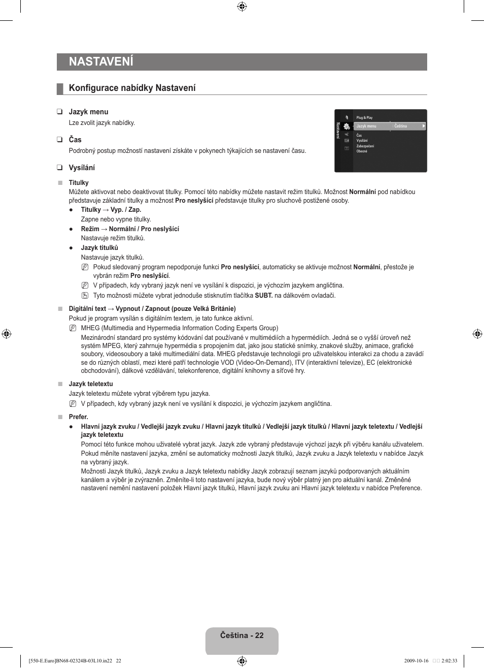 Nastavení, Konfigurace nabídky nastavení | Samsung LE37B551A6W User Manual | Page 326 / 502