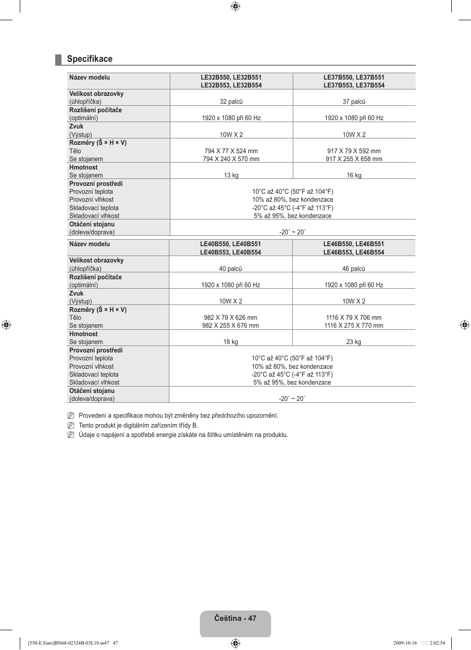 Specifikace | Samsung LE37B551A6W User Manual | Page 351 / 502