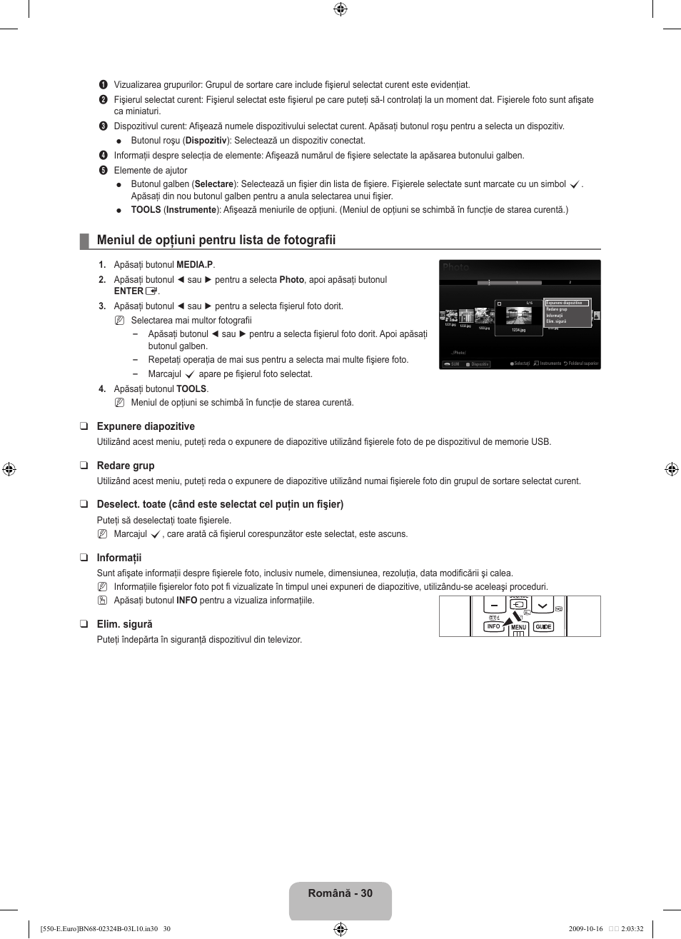 Meniul de opţiuni pentru lista de fotografii, Română - 30, Expunere diapozitive | Redare grup, Informaţii, Elim. sigură | Samsung LE37B551A6W User Manual | Page 430 / 502