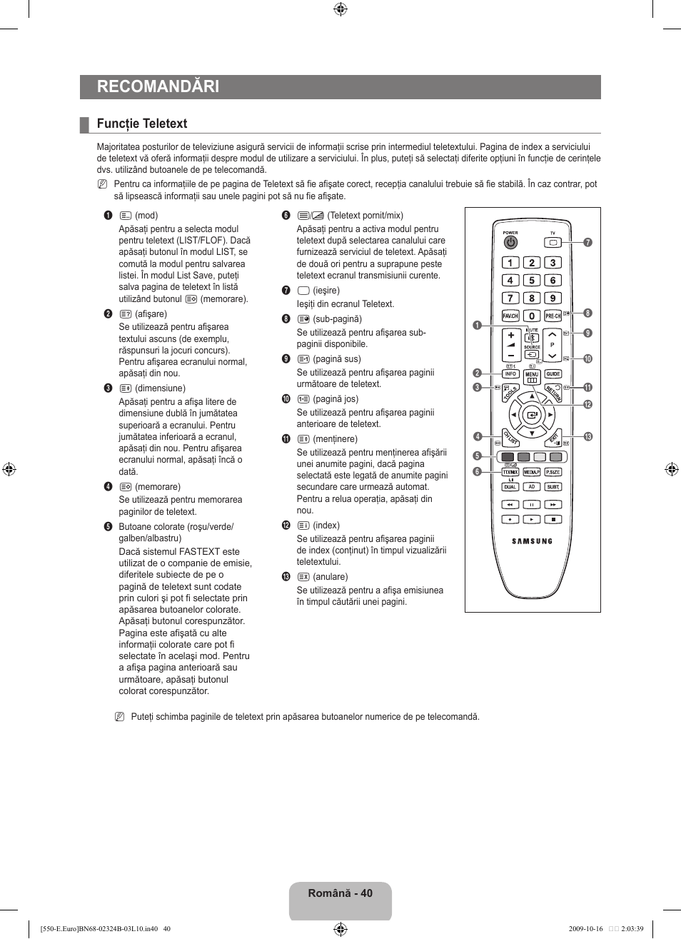 Recomandări, Funcţie teletext | Samsung LE37B551A6W User Manual | Page 440 / 502