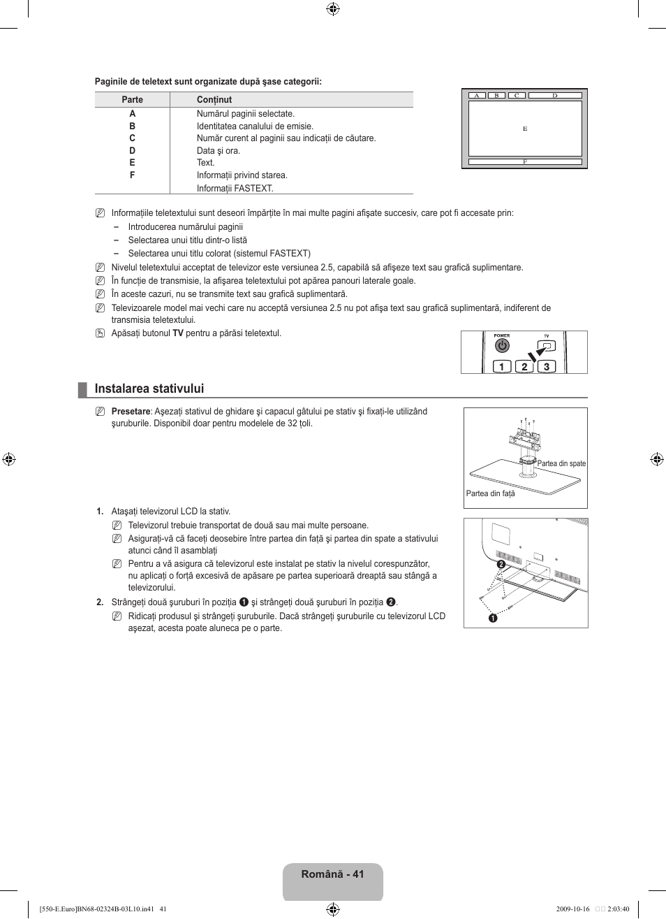 Instalarea stativului | Samsung LE37B551A6W User Manual | Page 441 / 502