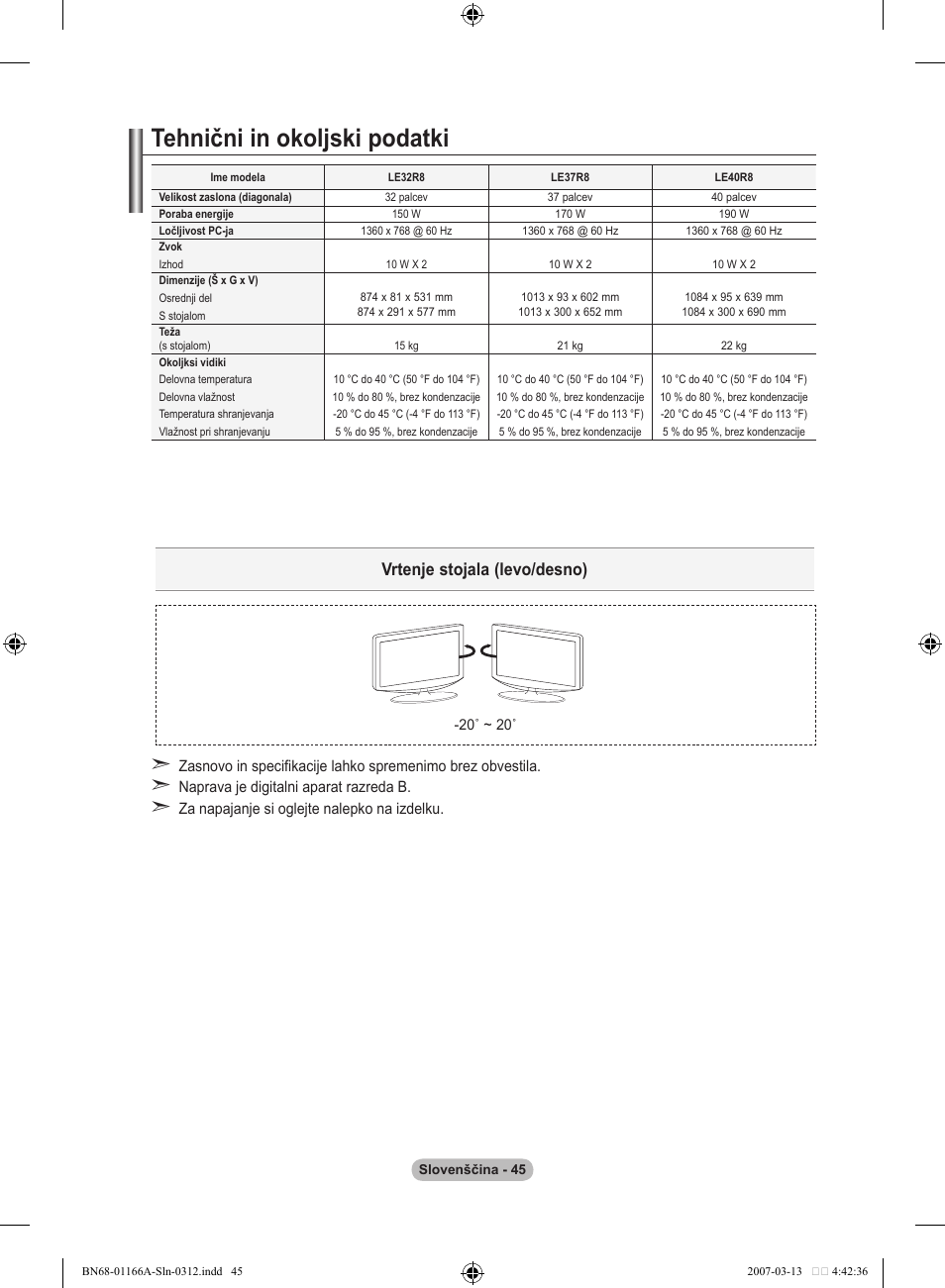 Tehnični in okoljski podatki, Vrtenje stojala (levo/desno) | Samsung LE32R83B User Manual | Page 555 / 559
