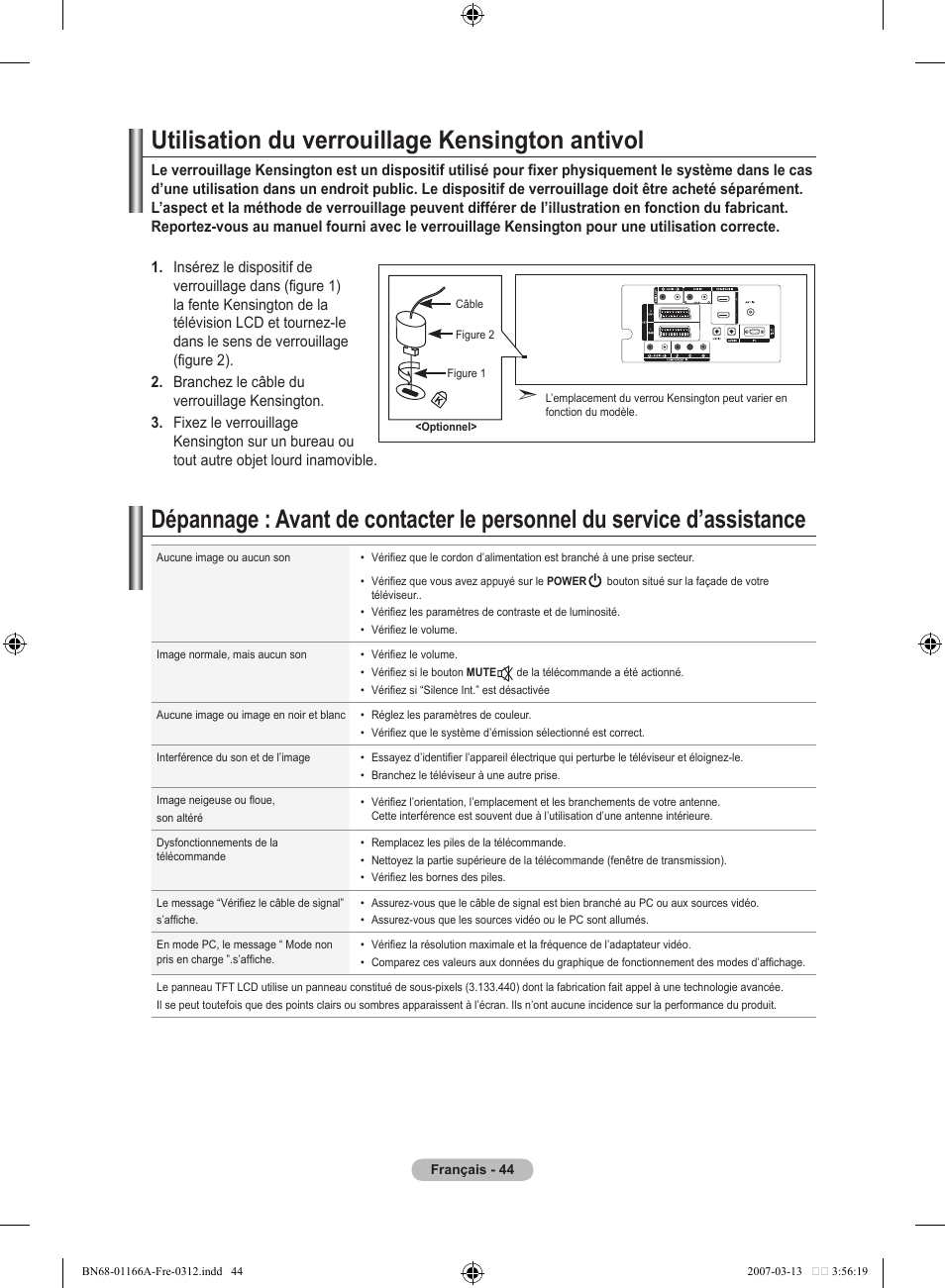 Utilisation du verrouillage kensington antivol | Samsung LE32R83B User Manual | Page 92 / 559