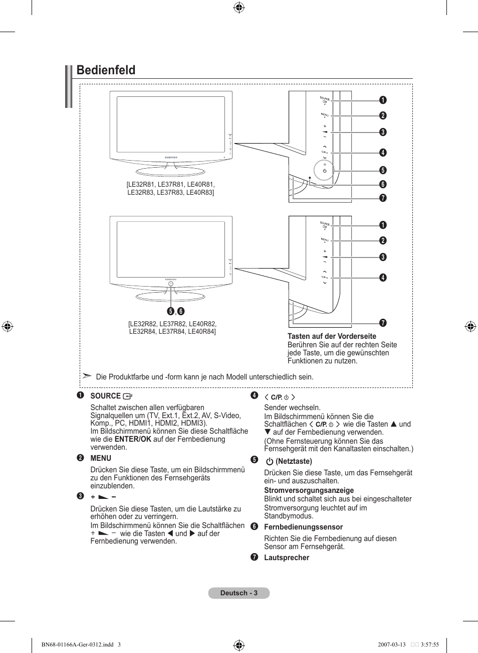 Bedienfeld | Samsung LE32R83B User Manual | Page 97 / 559