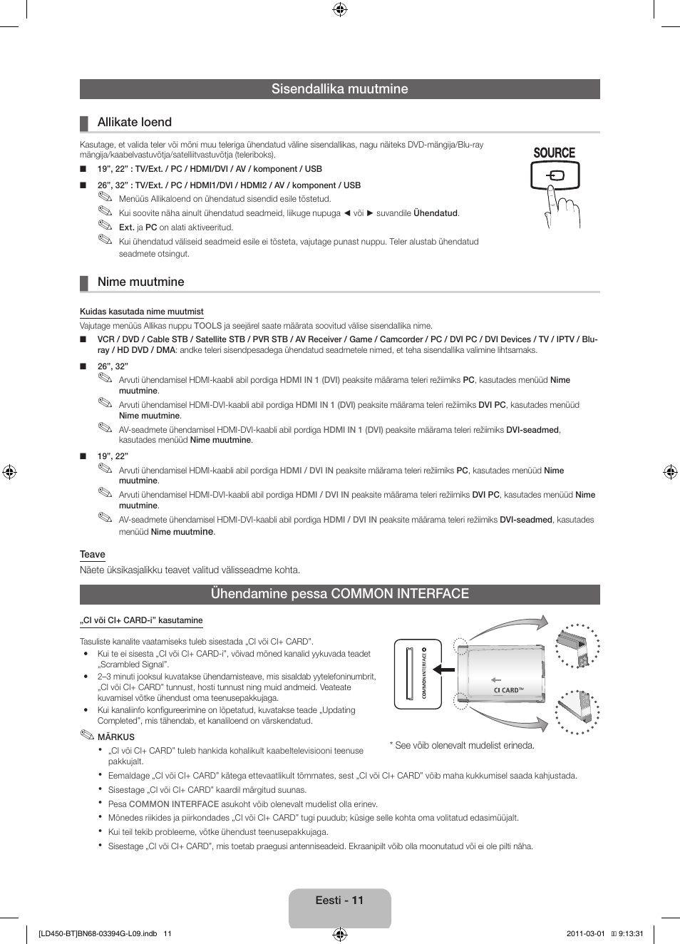 Sisendallika muutmine, Ühendamine pessa common interface | Samsung LE19D450G1W User Manual | Page 107 / 145