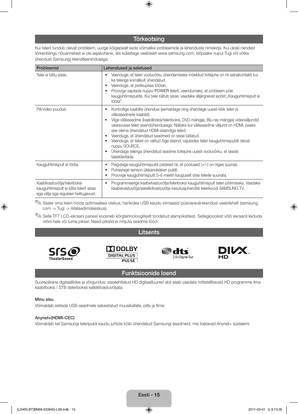 Tõrkeotsing, Litsents funktsioonide loend | Samsung LE19D450G1W User Manual | Page 111 / 145