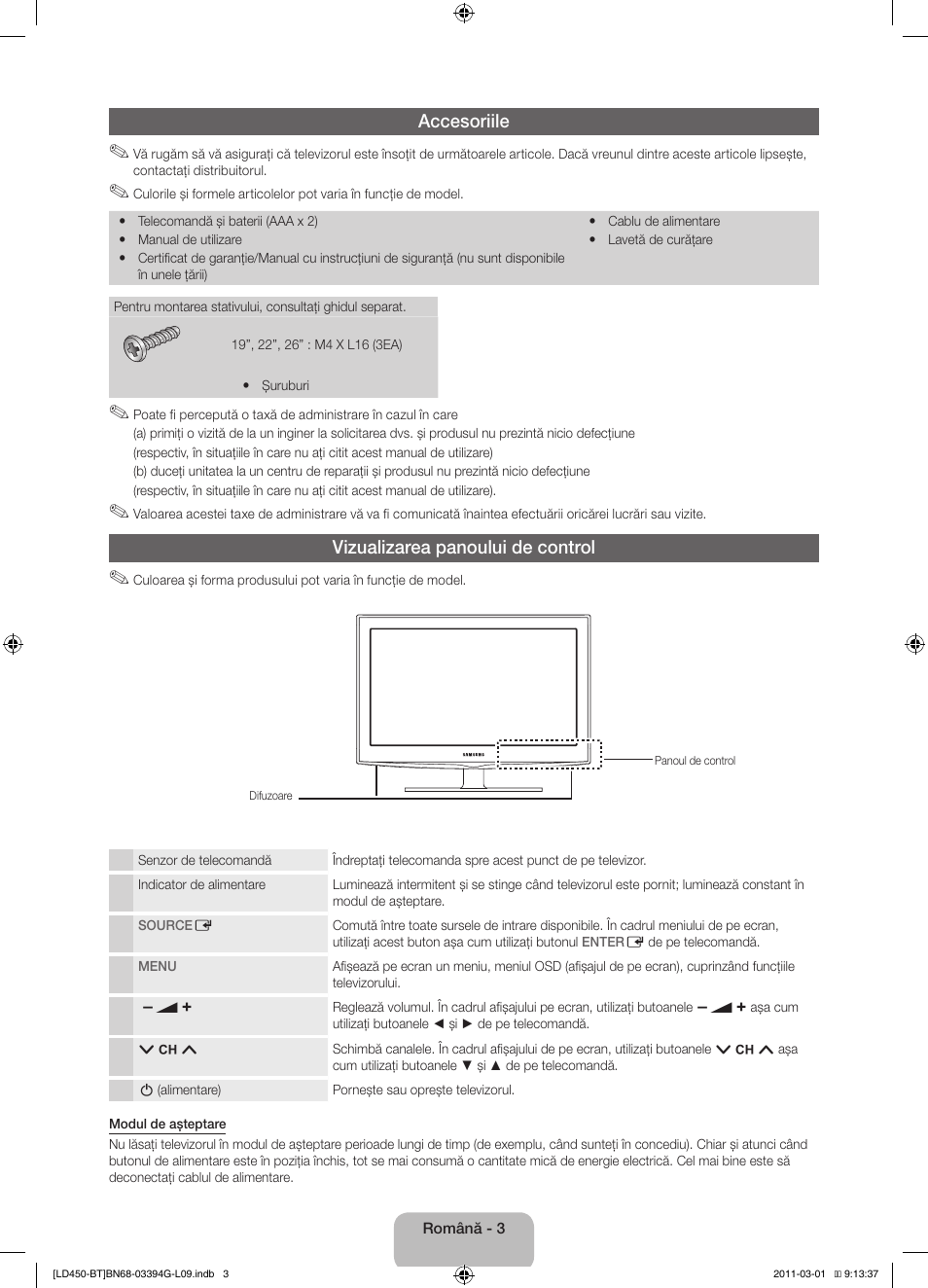 Accesoriile, Vizualizarea panoului de control | Samsung LE19D450G1W User Manual | Page 115 / 145