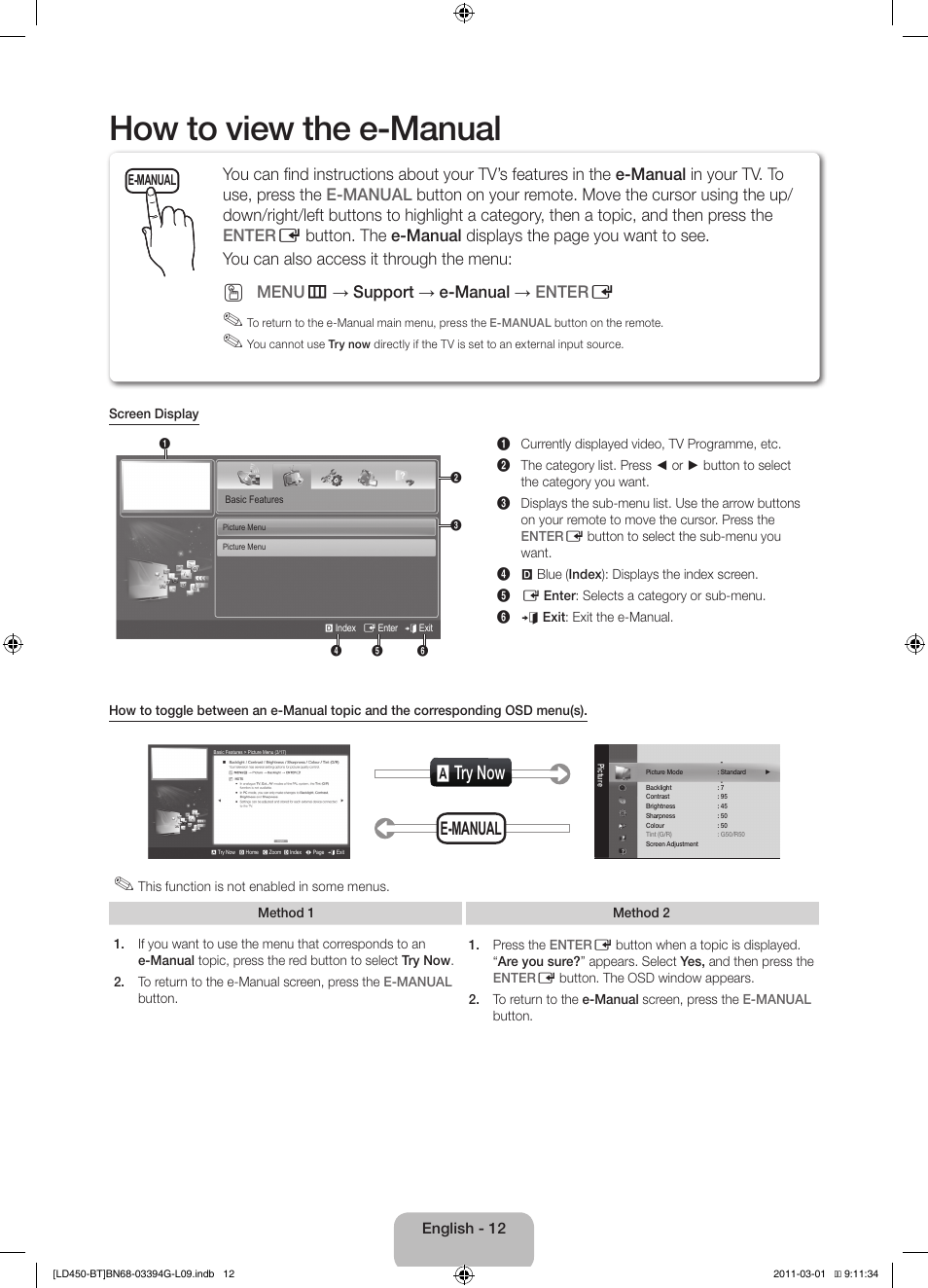 How to view the e-manual, A try now, E-manual | Menu m → support → e-manual → enter e | Samsung LE19D450G1W User Manual | Page 12 / 145