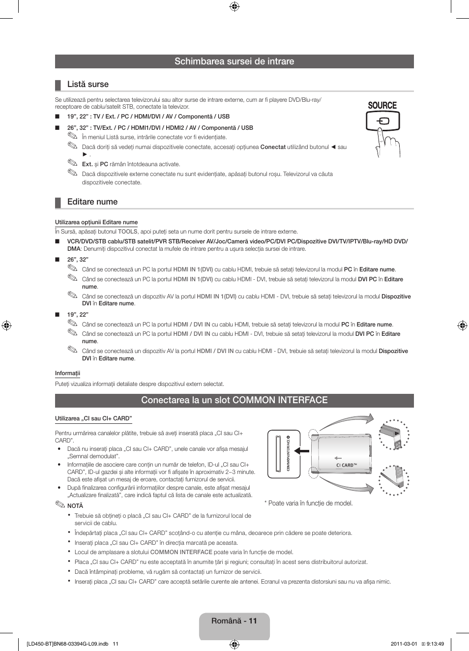 Schimbarea sursei de intrare, Conectarea la un slot common interface | Samsung LE19D450G1W User Manual | Page 123 / 145
