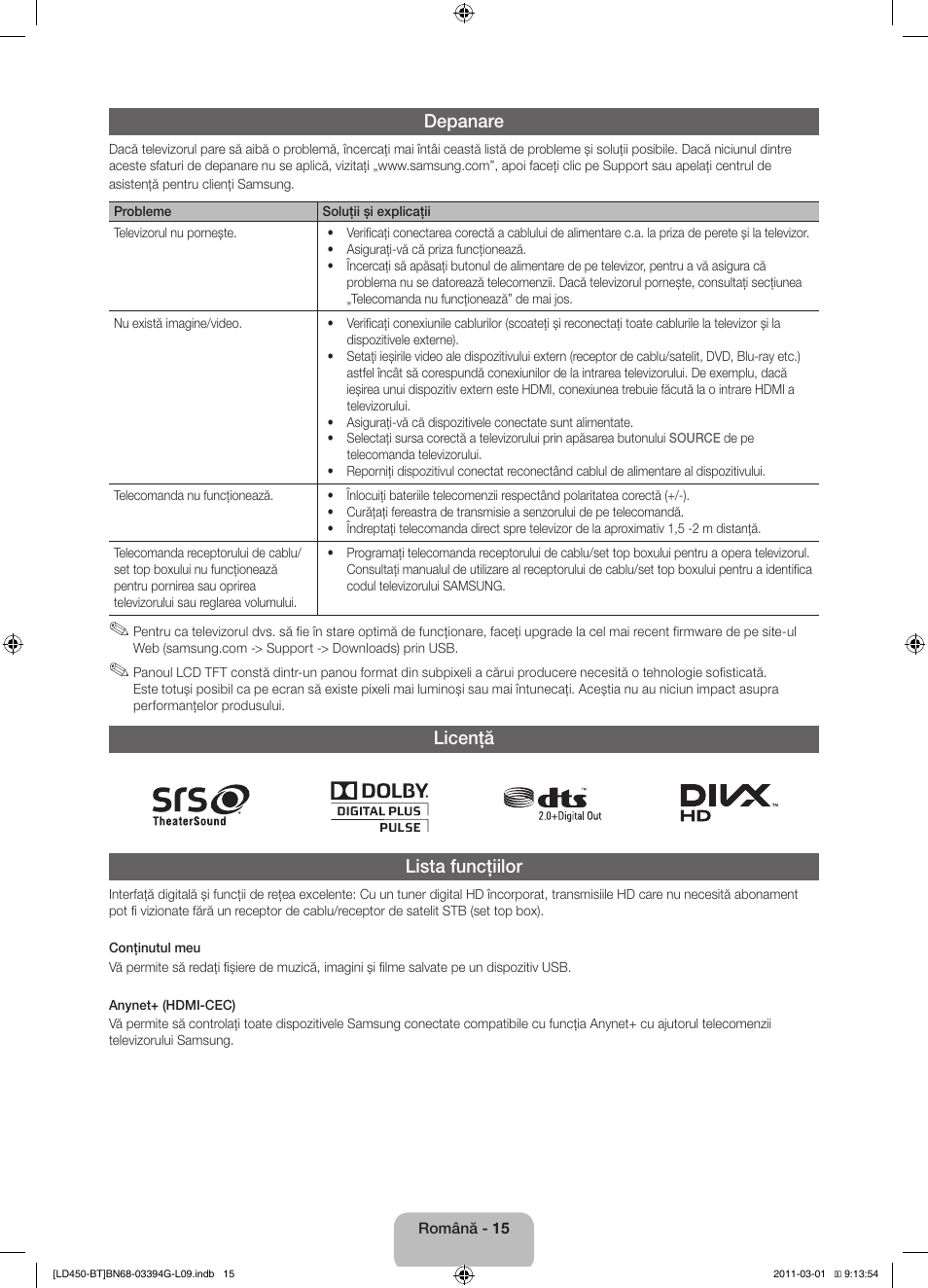 Depanare, Licenţă lista funcţiilor | Samsung LE19D450G1W User Manual | Page 127 / 145