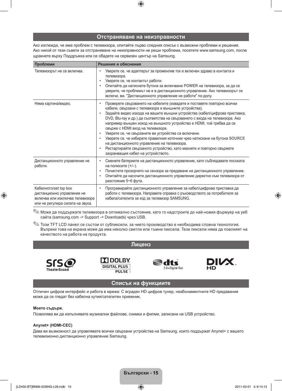 Отстраняване на неизправности, Лиценз списък на функциите | Samsung LE19D450G1W User Manual | Page 143 / 145
