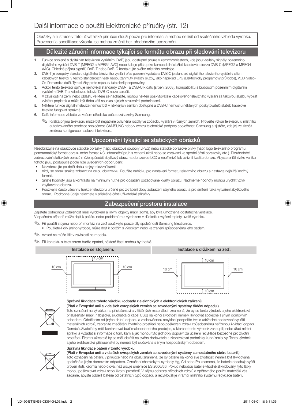 Upozornění týkající se statických obrázků, Zabezpečení prostoru instalace | Samsung LE19D450G1W User Manual | Page 18 / 145