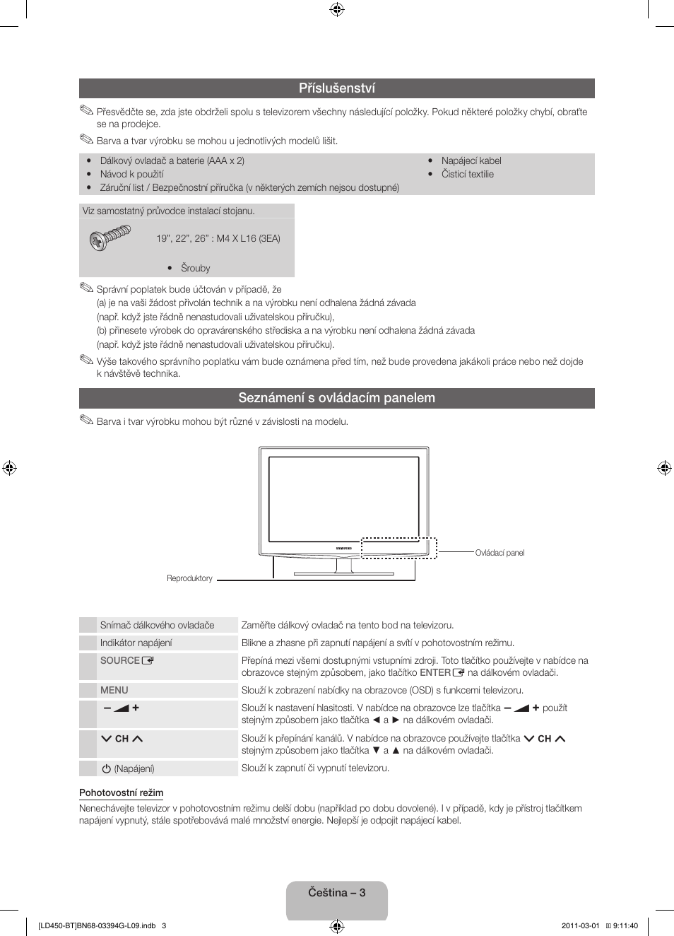 Příslušenství, Seznámení s ovládacím panelem | Samsung LE19D450G1W User Manual | Page 19 / 145