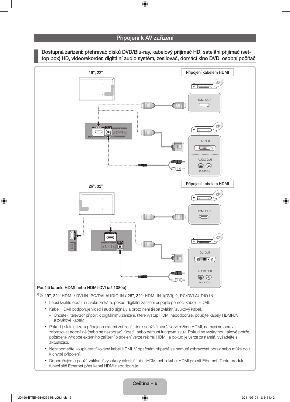 Připojení k av zařízení | Samsung LE19D450G1W User Manual | Page 22 / 145