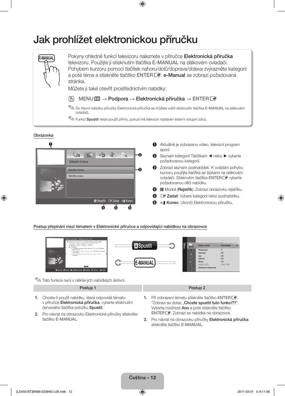 Jak prohlížet elektronickou příručku, Aspustit, E-manual | Menu m → podpora → elektronická příručka → enter e | Samsung LE19D450G1W User Manual | Page 28 / 145