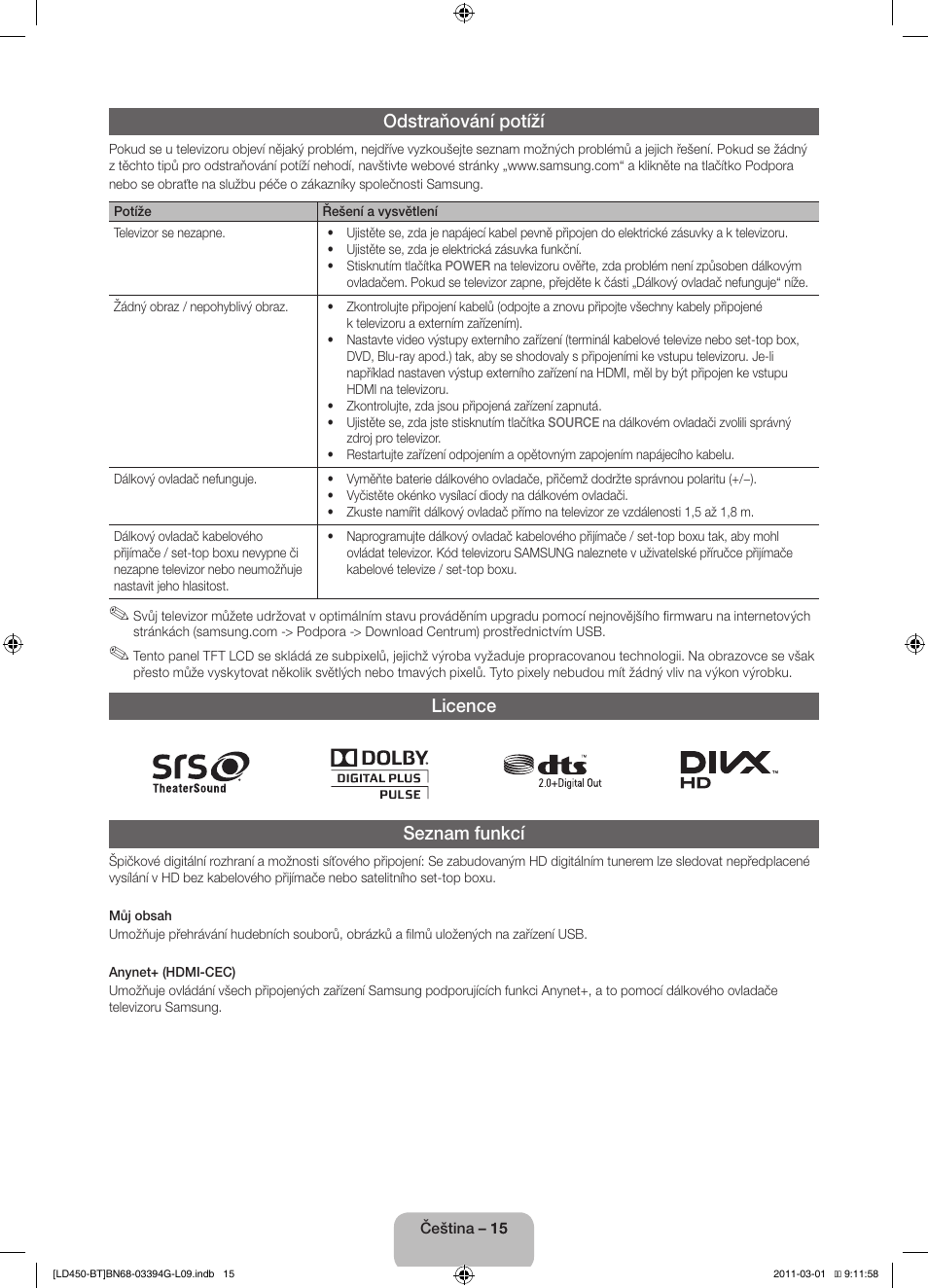 Odstraňování potíží, Licence seznam funkcí | Samsung LE19D450G1W User Manual | Page 31 / 145