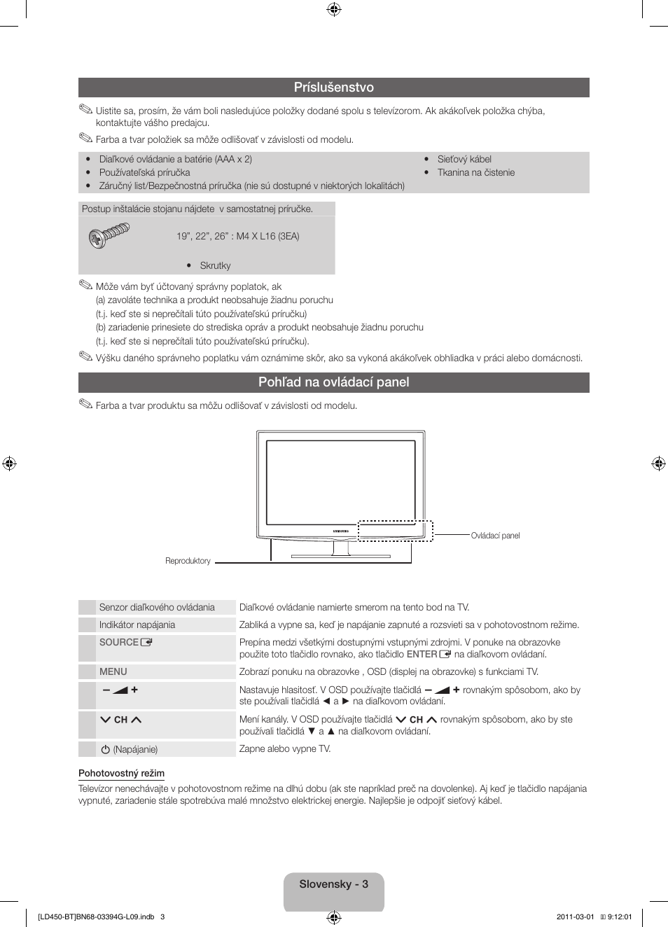 Príslušenstvo, Pohľad na ovládací panel | Samsung LE19D450G1W User Manual | Page 35 / 145