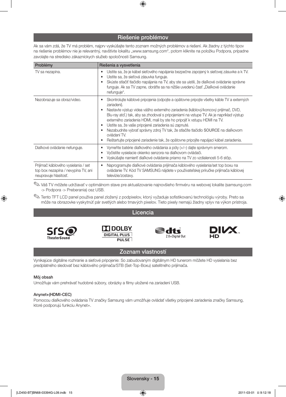 Riešenie problémov, Licencia zoznam vlastností | Samsung LE19D450G1W User Manual | Page 47 / 145