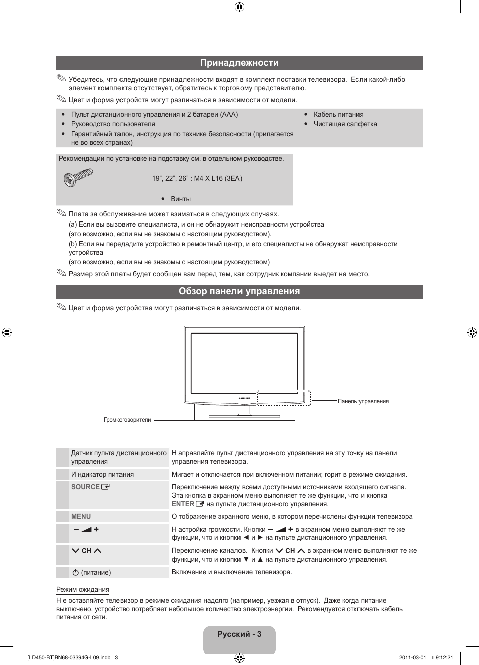 Принадлежности, Обзор панели управления | Samsung LE19D450G1W User Manual | Page 51 / 145