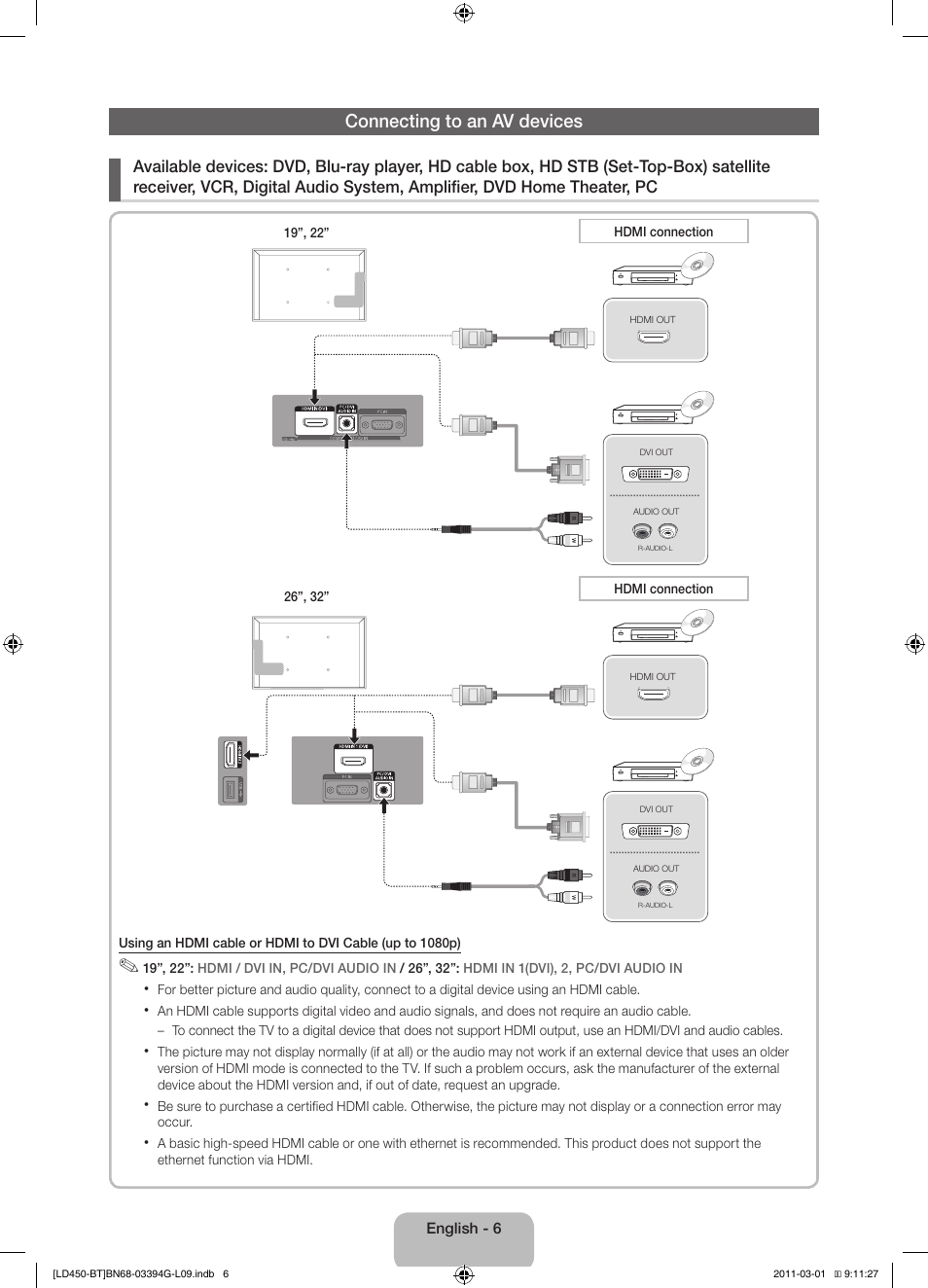 Connecting to an av devices | Samsung LE19D450G1W User Manual | Page 6 / 145