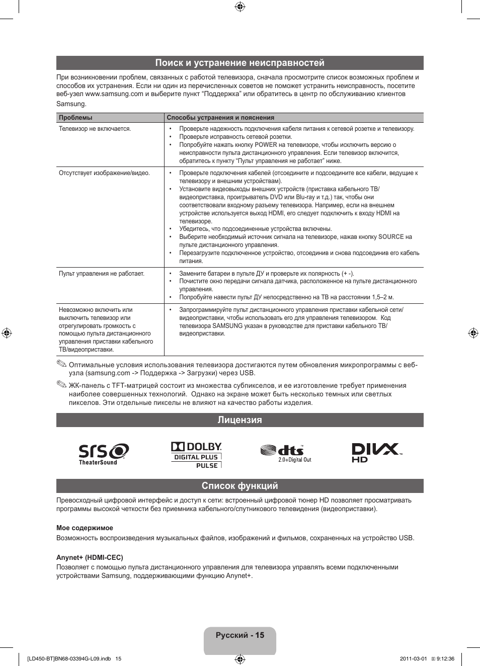 Поиск и устранение неисправностей, Лицензия список функций | Samsung LE19D450G1W User Manual | Page 63 / 145