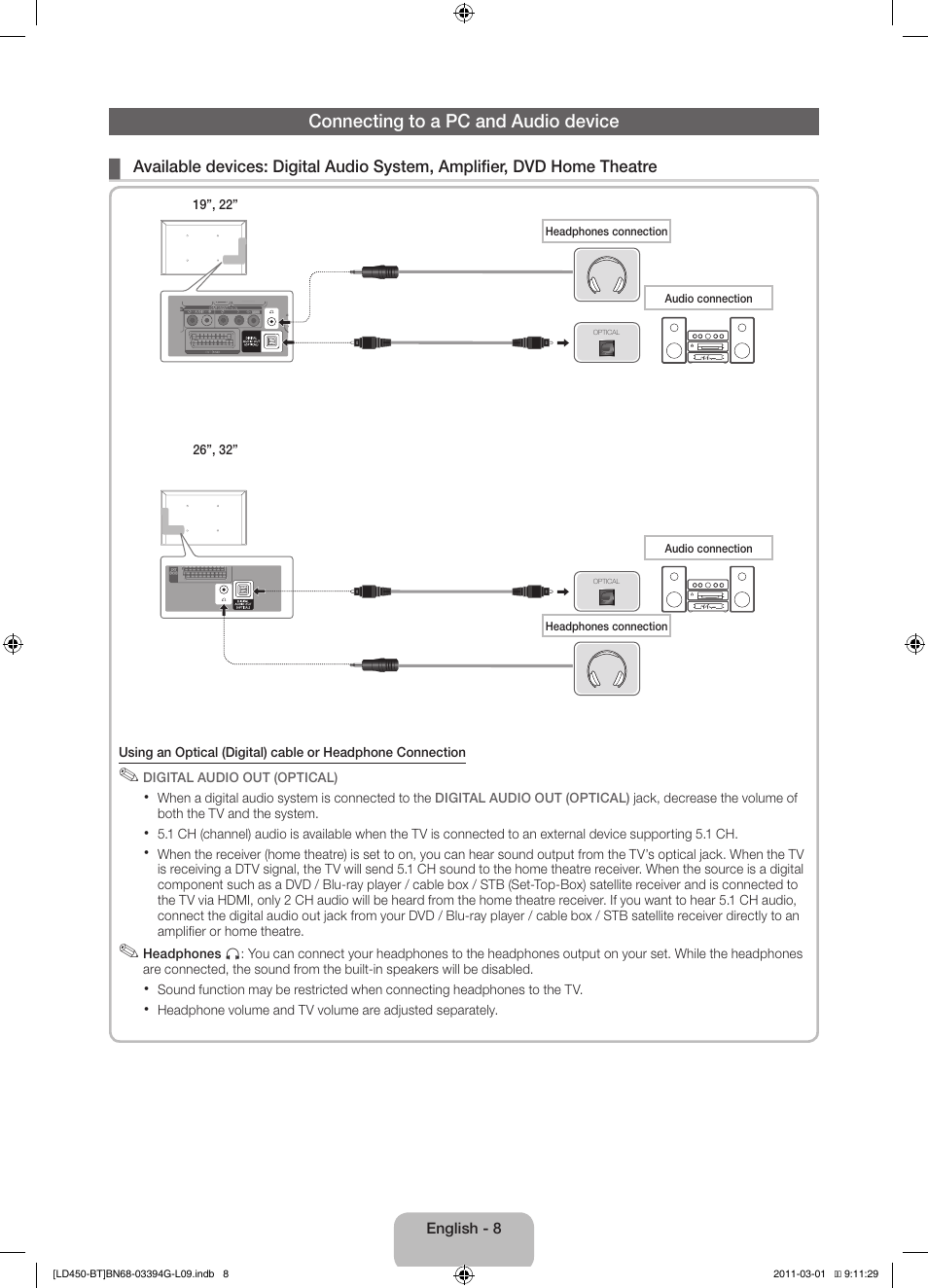 Connecting to a pc and audio device | Samsung LE19D450G1W User Manual | Page 8 / 145