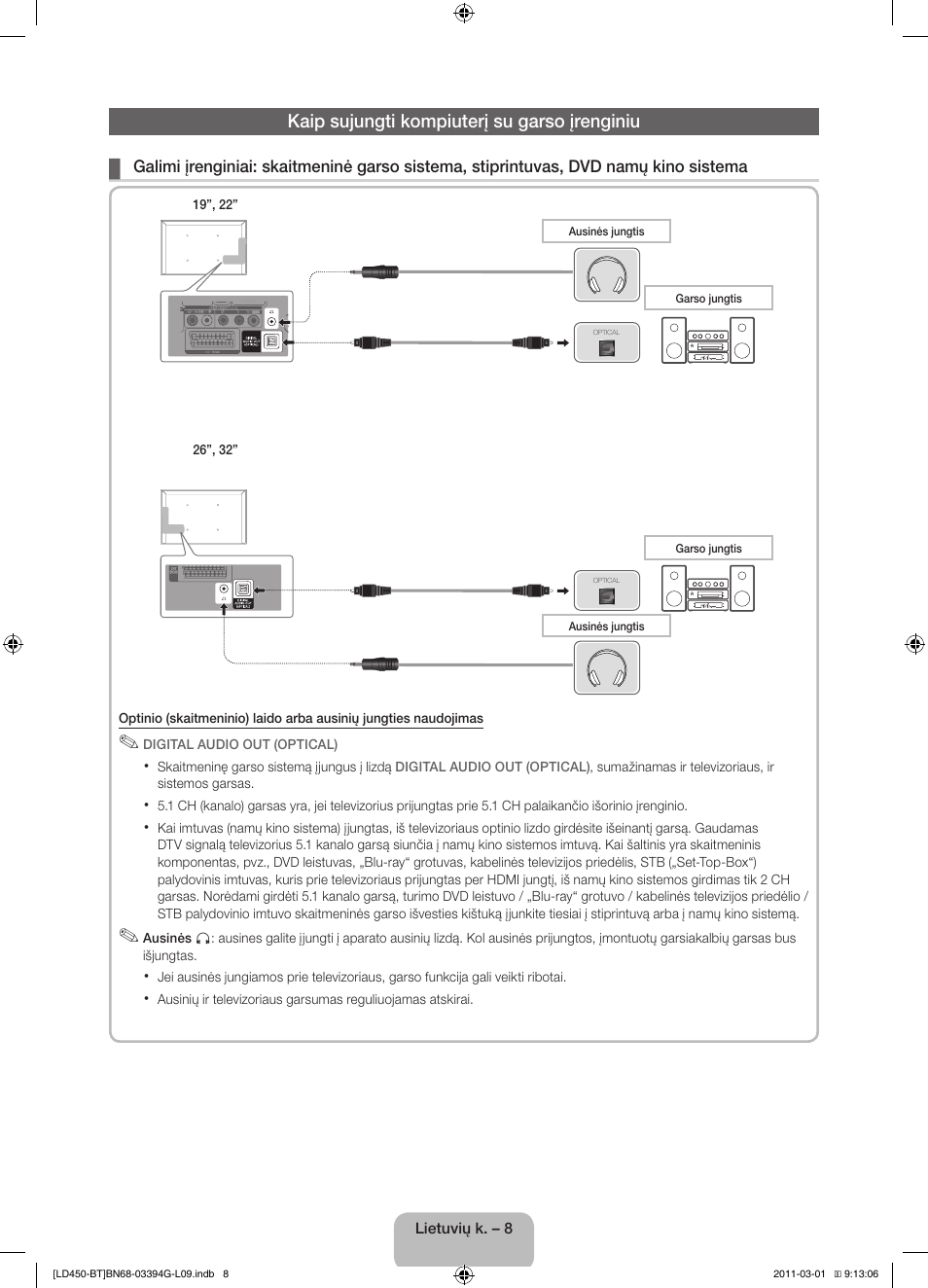 Kaip sujungti kompiuterį su garso įrenginiu | Samsung LE19D450G1W User Manual | Page 88 / 145