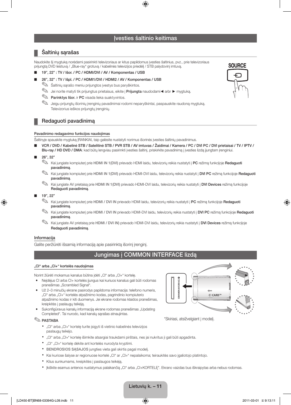 Įvesties šaltinio keitimas, Jungimas į common interface lizdą | Samsung LE19D450G1W User Manual | Page 91 / 145