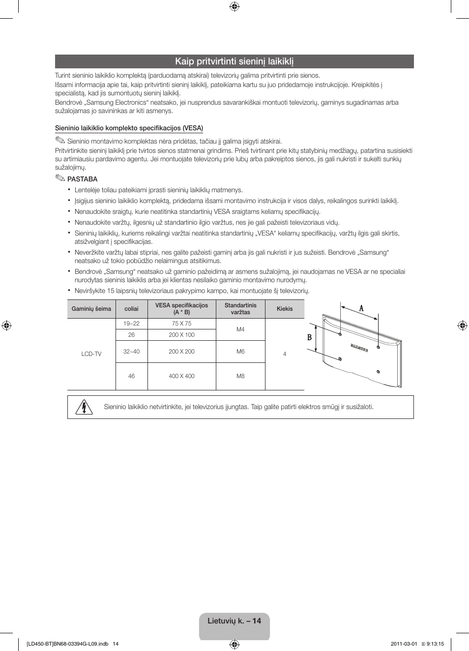 Kaip pritvirtinti sieninį laikiklį | Samsung LE19D450G1W User Manual | Page 94 / 145