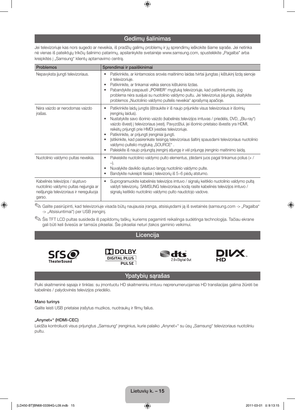 Gedimų šalinimas, Licencija ypatybių sąrašas | Samsung LE19D450G1W User Manual | Page 95 / 145