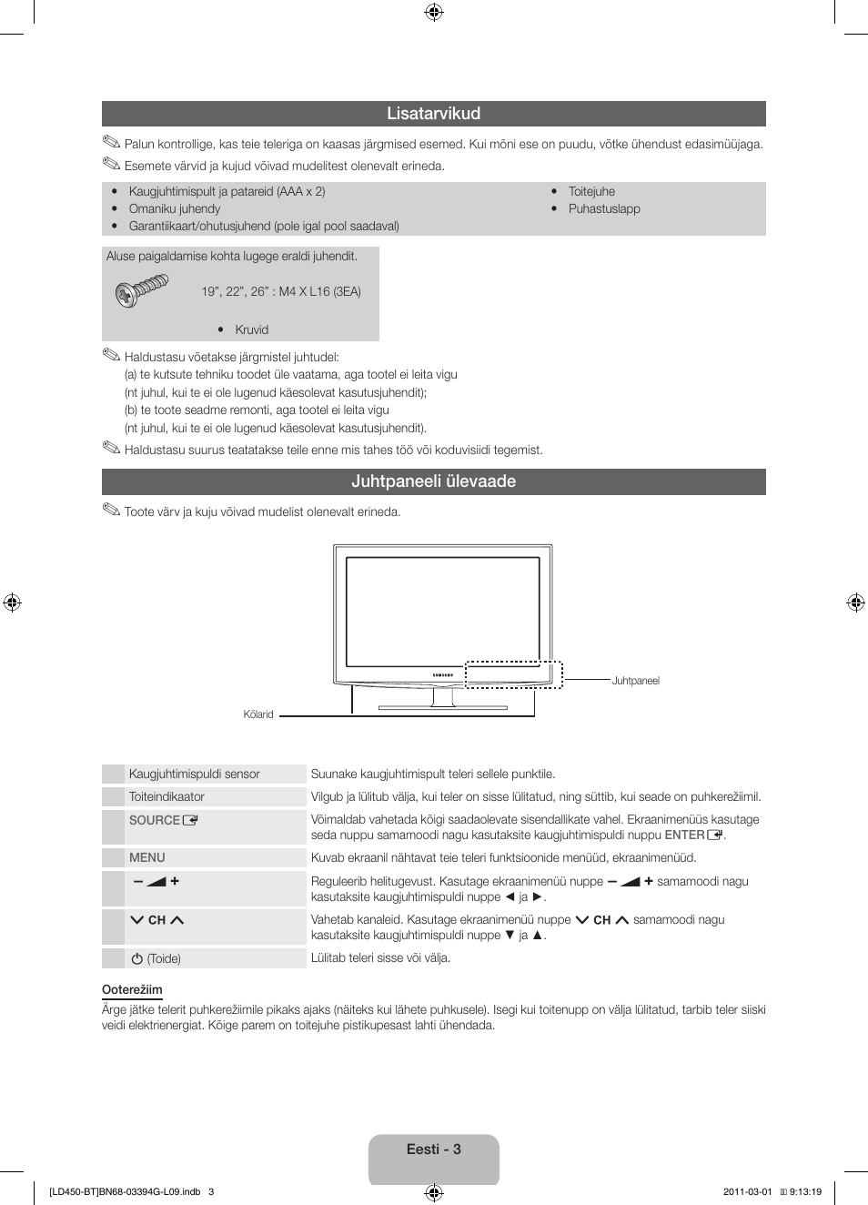 Lisatarvikud, Juhtpaneeli ülevaade | Samsung LE19D450G1W User Manual | Page 99 / 145
