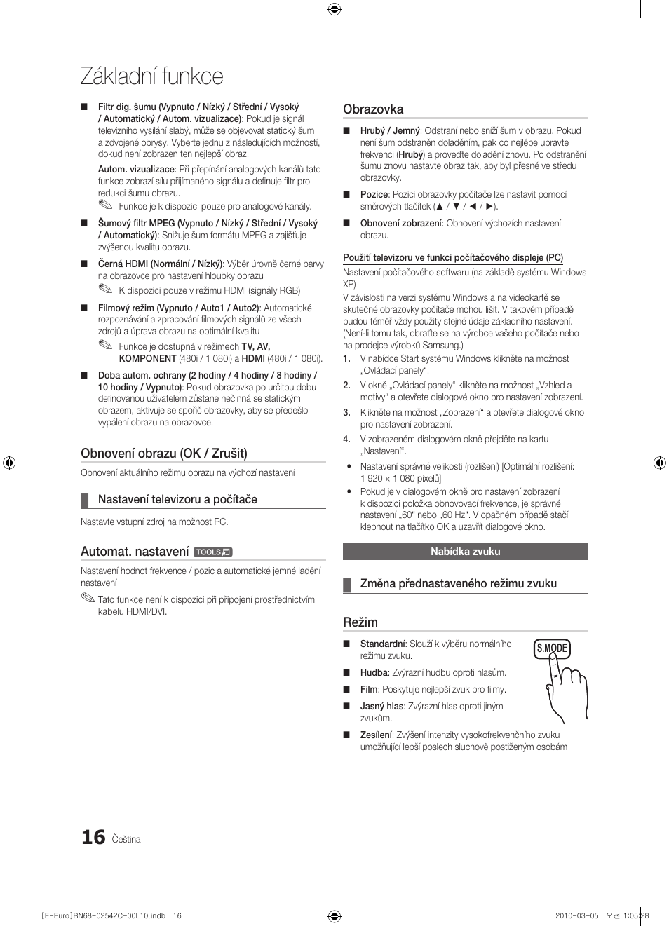 Základní funkce, Obnovení obrazu (ok / zrušit), Automat. nastavení | Obrazovka, Režim | Samsung LE32C530F1W User Manual | Page 244 / 381