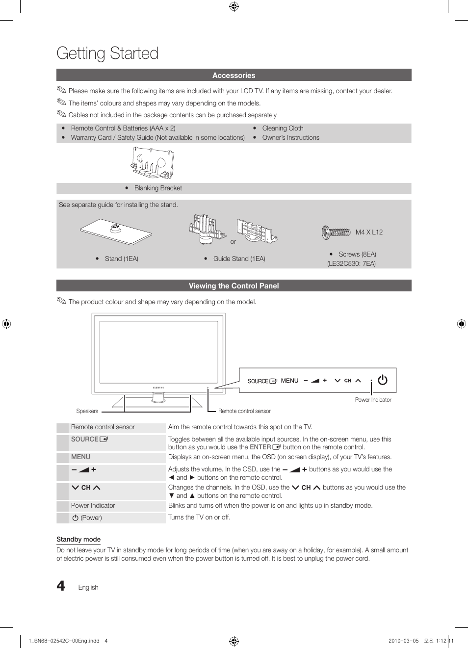Getting started, Accessories, Viewing the control panel | Samsung LE32C530F1W User Manual | Page 4 / 381