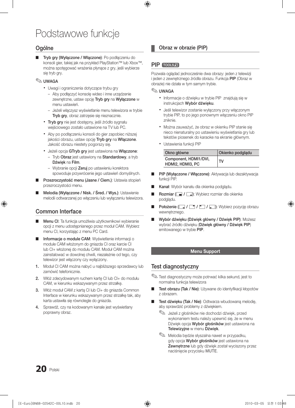Podstawowe funkcje, Ogólne, Common interface | Test diagnostyczny | Samsung LE32C530F1W User Manual | Page 96 / 381