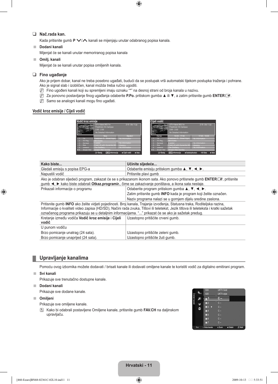 Upravljanje kanalima, Hrvatski - 11 nač.rada kan, Fino ugađanje | Vodič kroz emisije / cijeli vodič, N n n | Samsung LE32B460B2W User Manual | Page 173 / 328